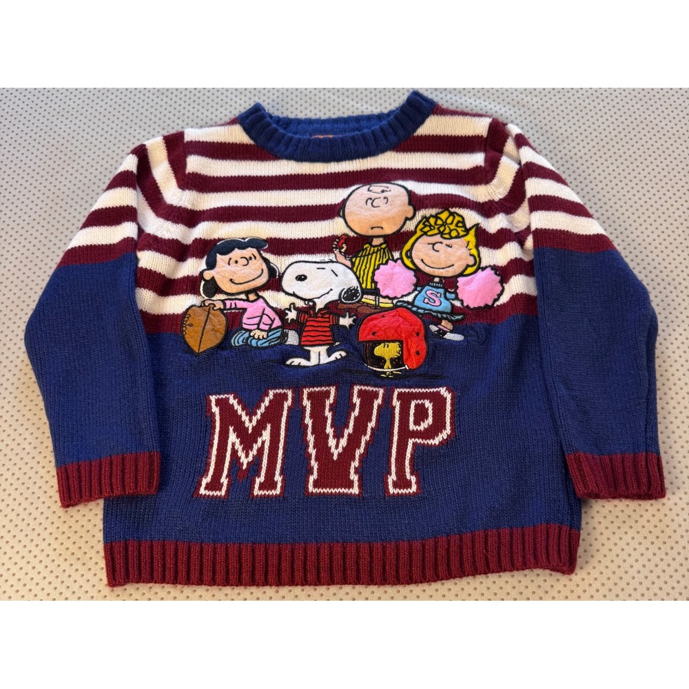 Peanuts Snoopy Charlie Brown MVP Knit Sweater Kids Size M 5 Navy Blue Striped